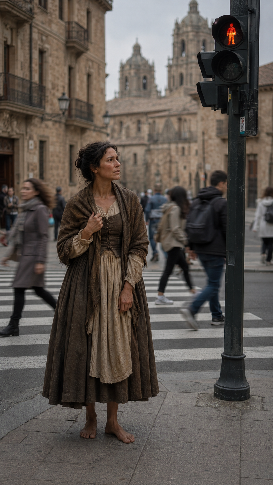María descalza en un paso de peatones en la ciudad actual.