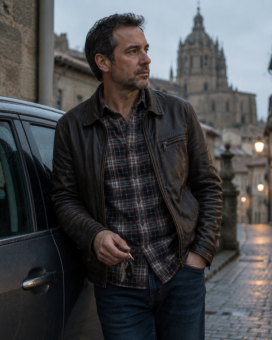 Daniel apoyado en un coche en una calle empedrada.