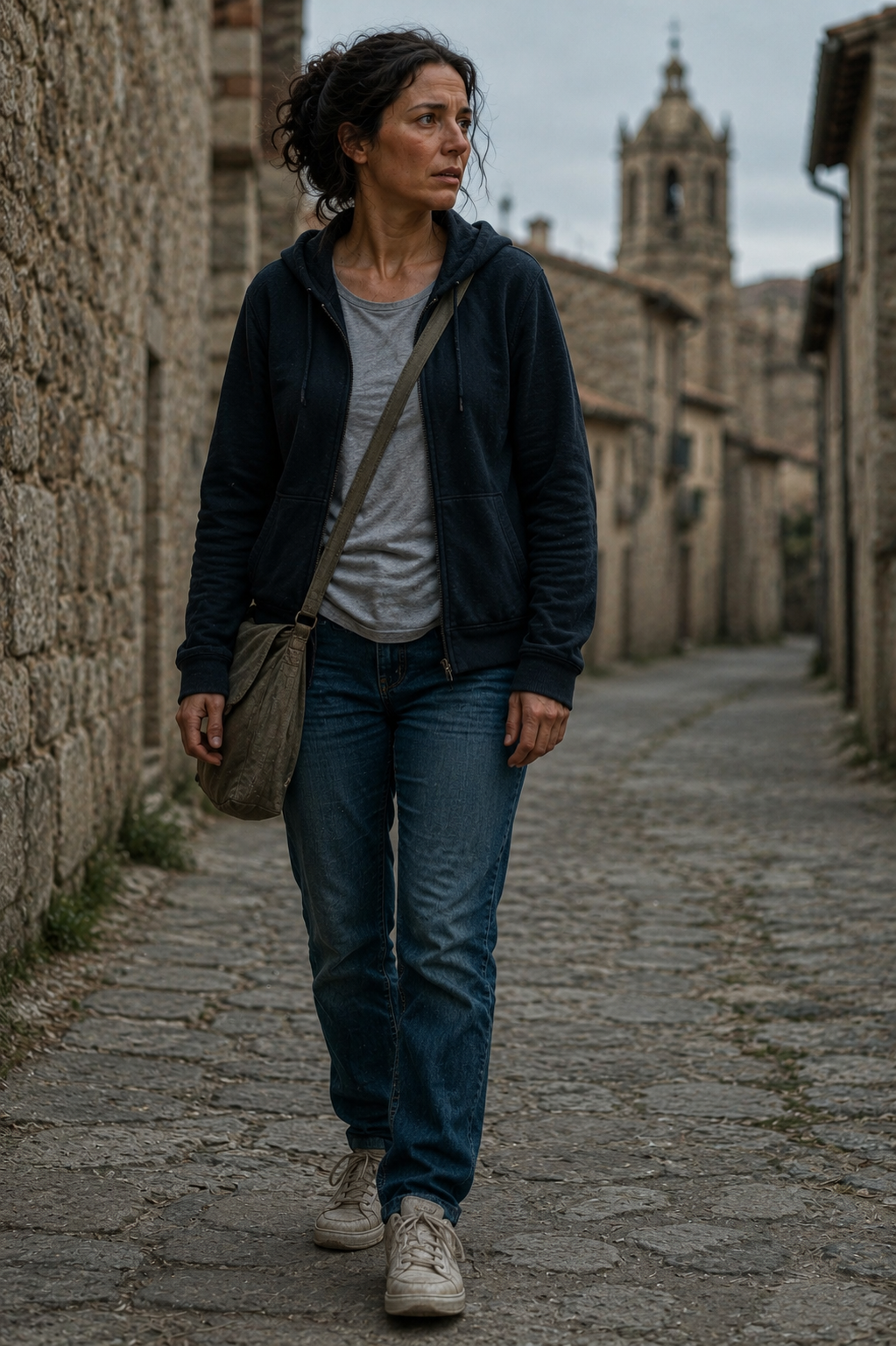 María con ropa contemporánea caminando por una calle antigua.
