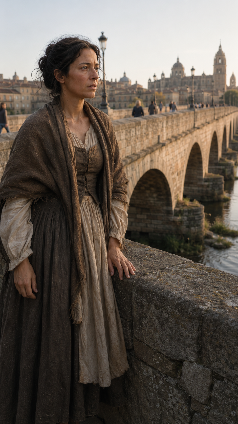 María sobre un puente de piedra con Salamanca al fondo.